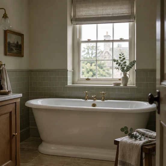 A roll-top bath under a sash window
