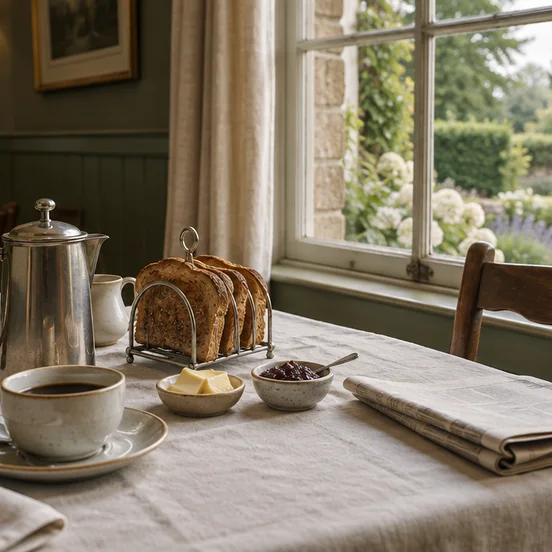 A breakfast table by the dining room window