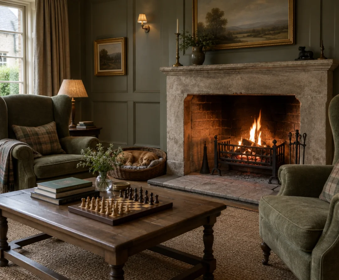 The residents' lounge with the fire lit